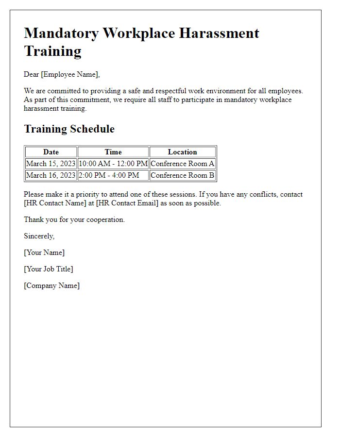 Letter template of mandatory workplace harassment training schedule