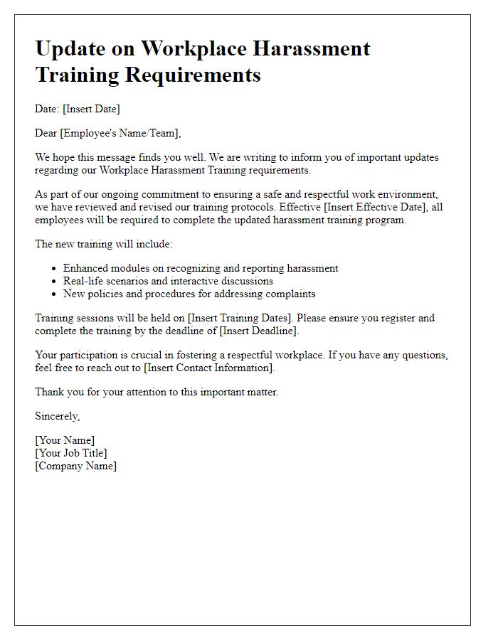 Letter template of updates to workplace harassment training requirements