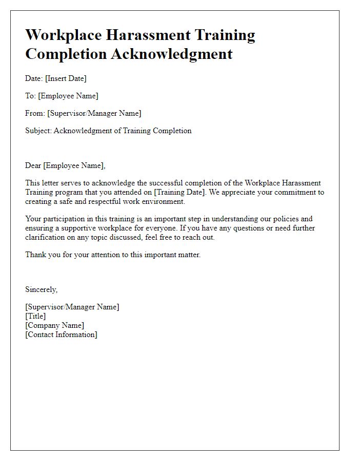 Letter template of workplace harassment training completion acknowledgment