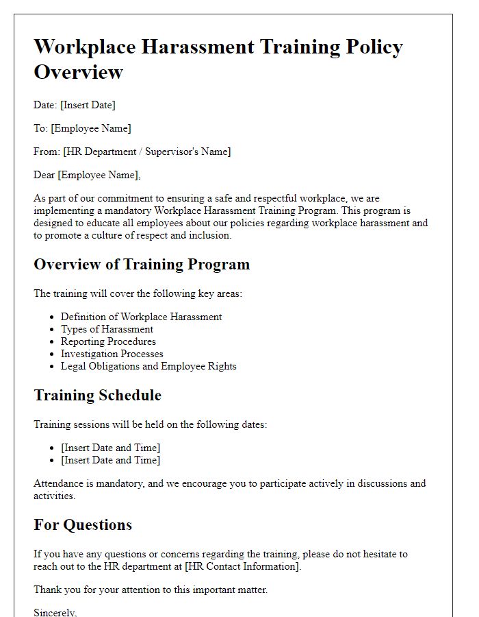 Letter template of workplace harassment training policy overview