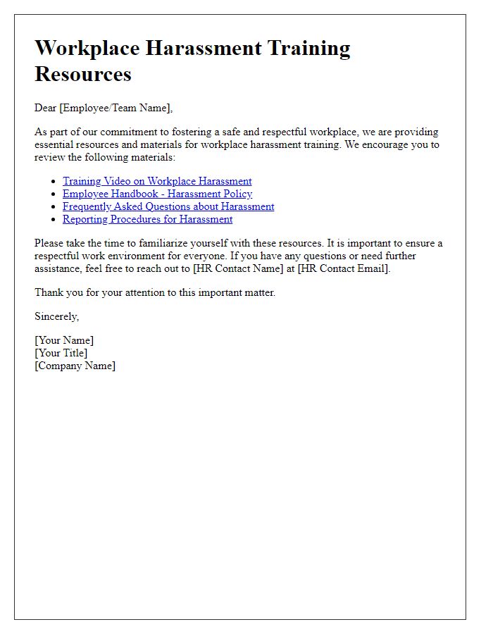 Letter template of workplace harassment training resources and materials