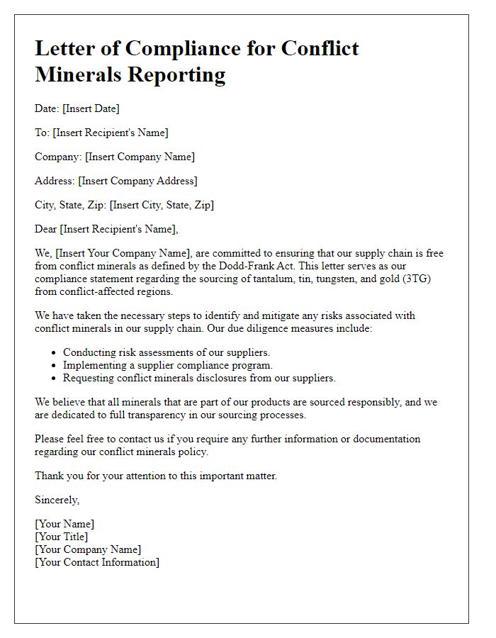 Letter template of compliance for conflict minerals reporting