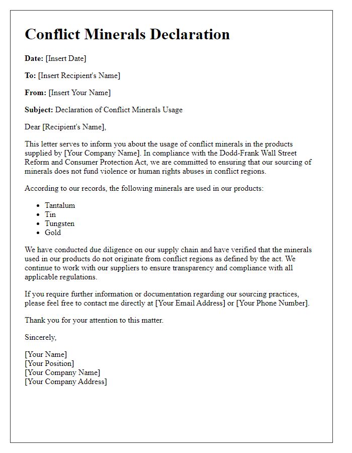 Letter template of declaration for conflict minerals usage