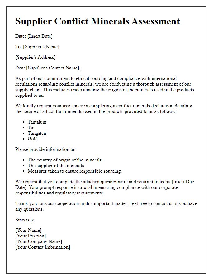 Letter template of supplier conflict minerals assessment