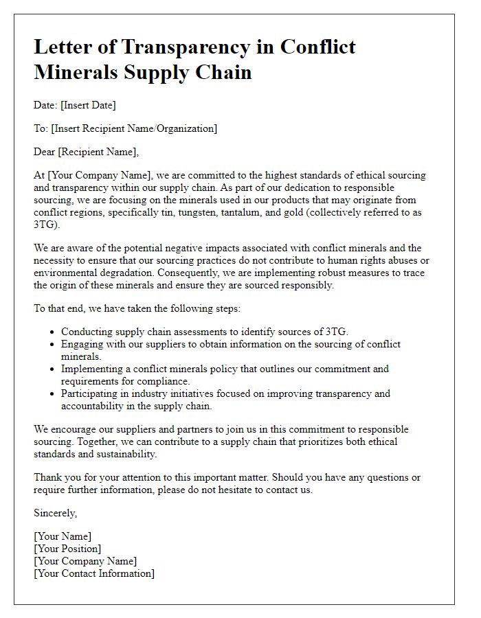 Letter template of transparency in conflict minerals supply chain