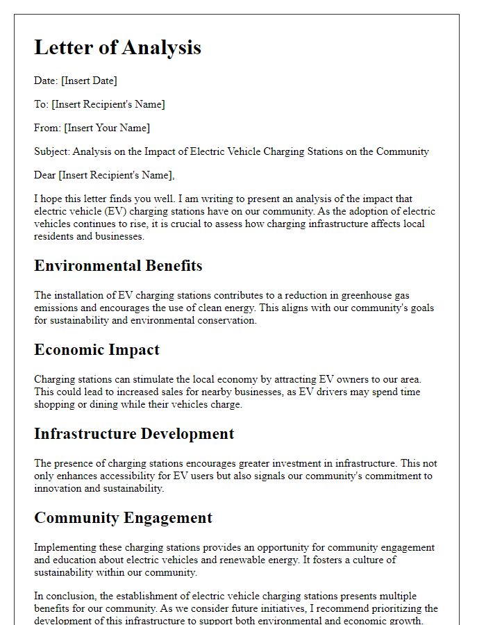 Letter template of analysis on the impact of electric vehicle charging stations on the community