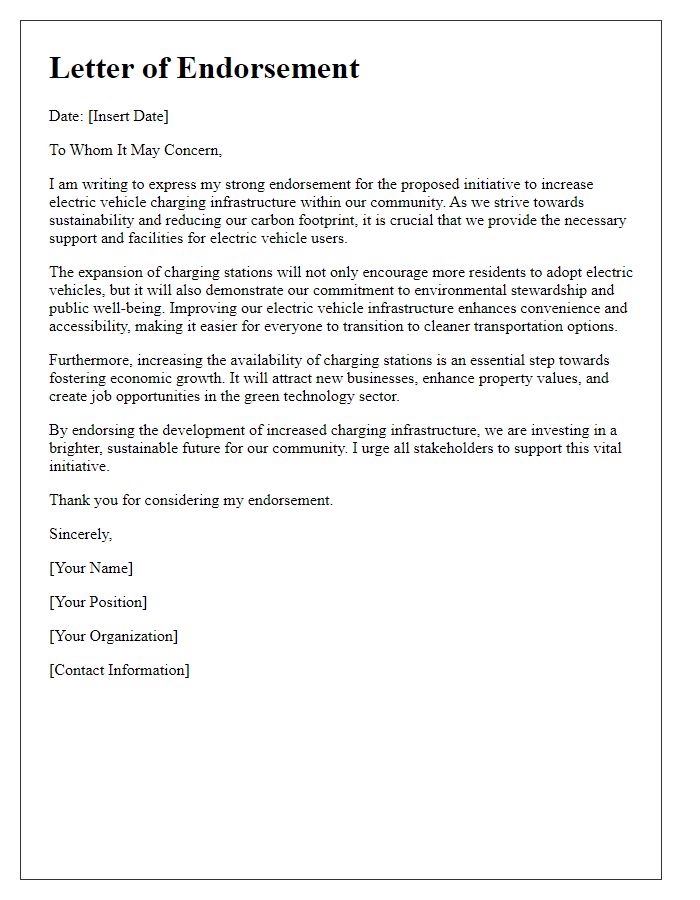 Letter template of endorsement for increased electric vehicle charging infrastructure