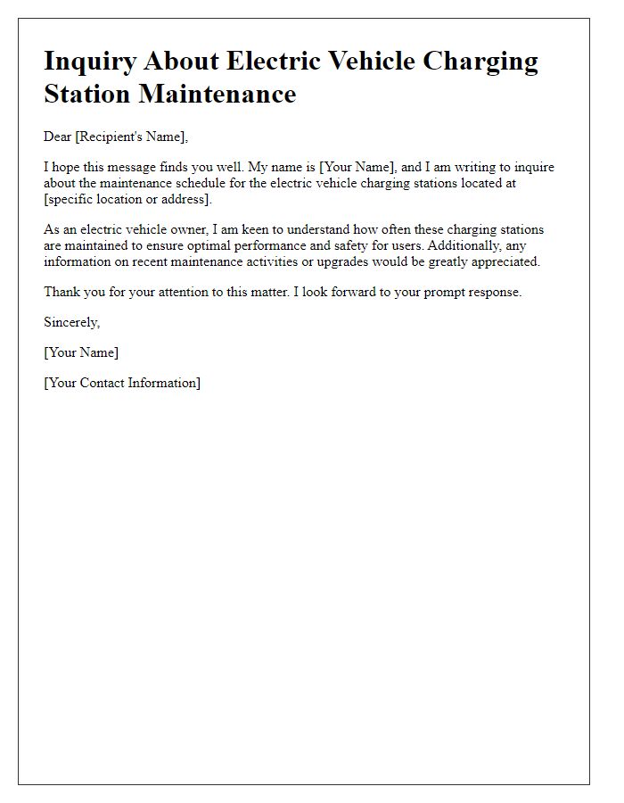 Letter template of inquiry about electric vehicle charging station maintenance