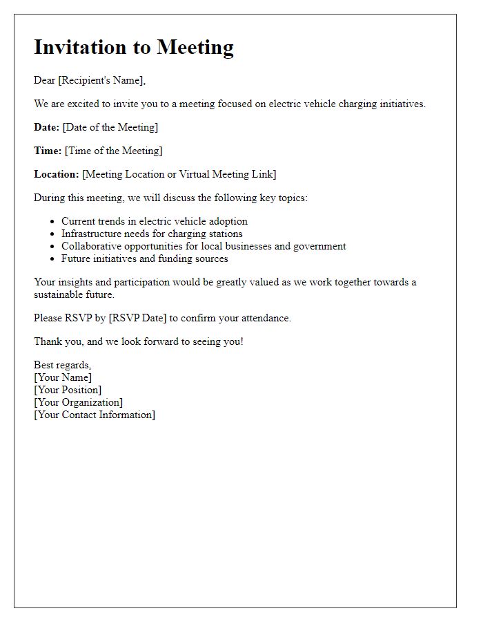 Letter template of invitation to a meeting on electric vehicle charging initiatives