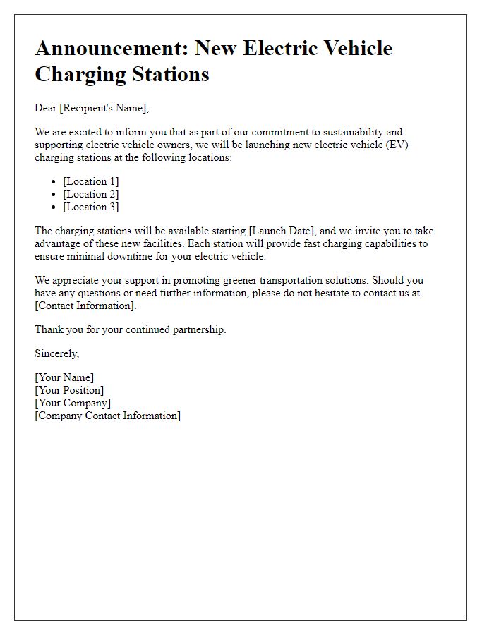 Letter template of notification for new electric vehicle charging stations launching