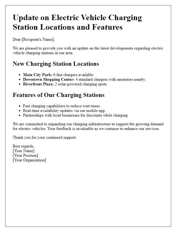 Letter template of update on electric vehicle charging station locations and features