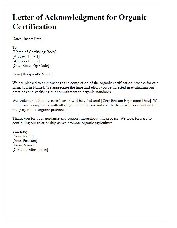 Letter template of acknowledgment for organic certification completion.