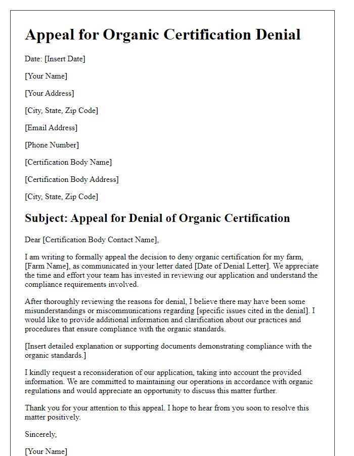 Letter template of appeal for organic certification denial.