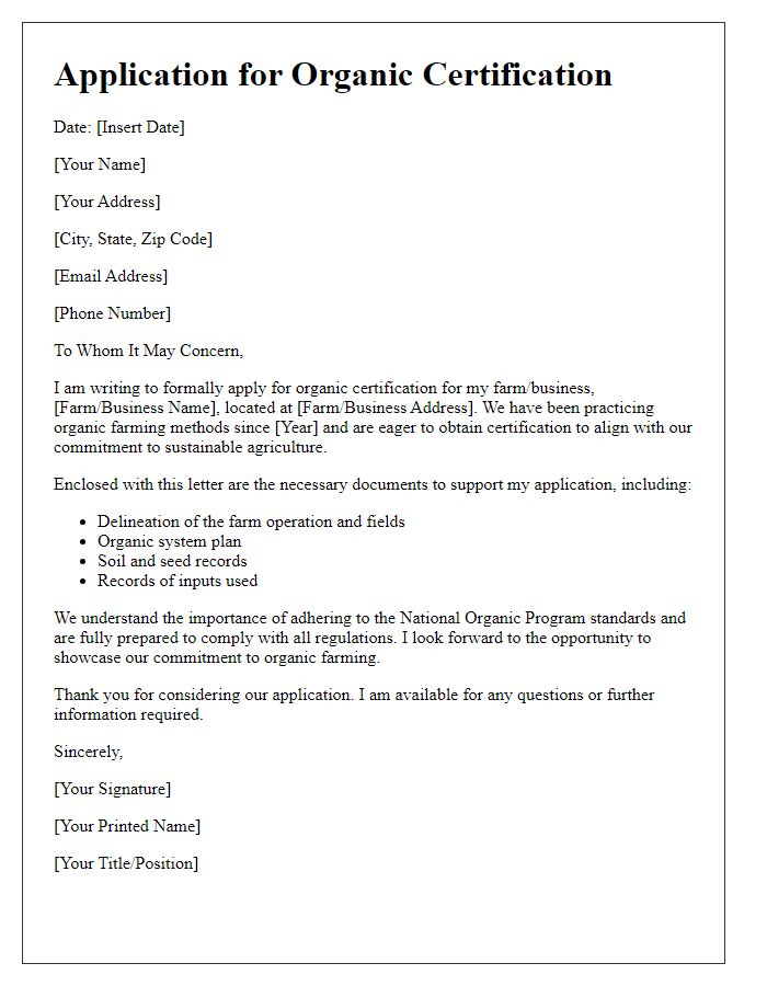 Letter template of application for organic certification.