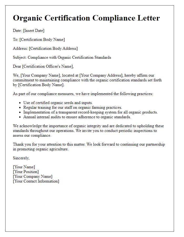 Letter template of compliance with organic certification standards.