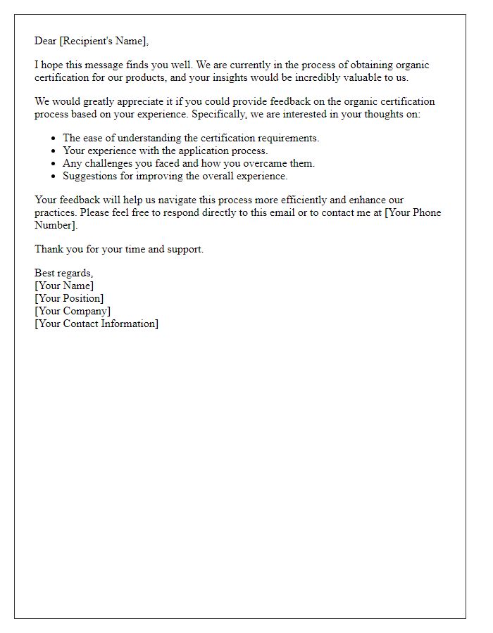 Letter template of feedback request on organic certification process.