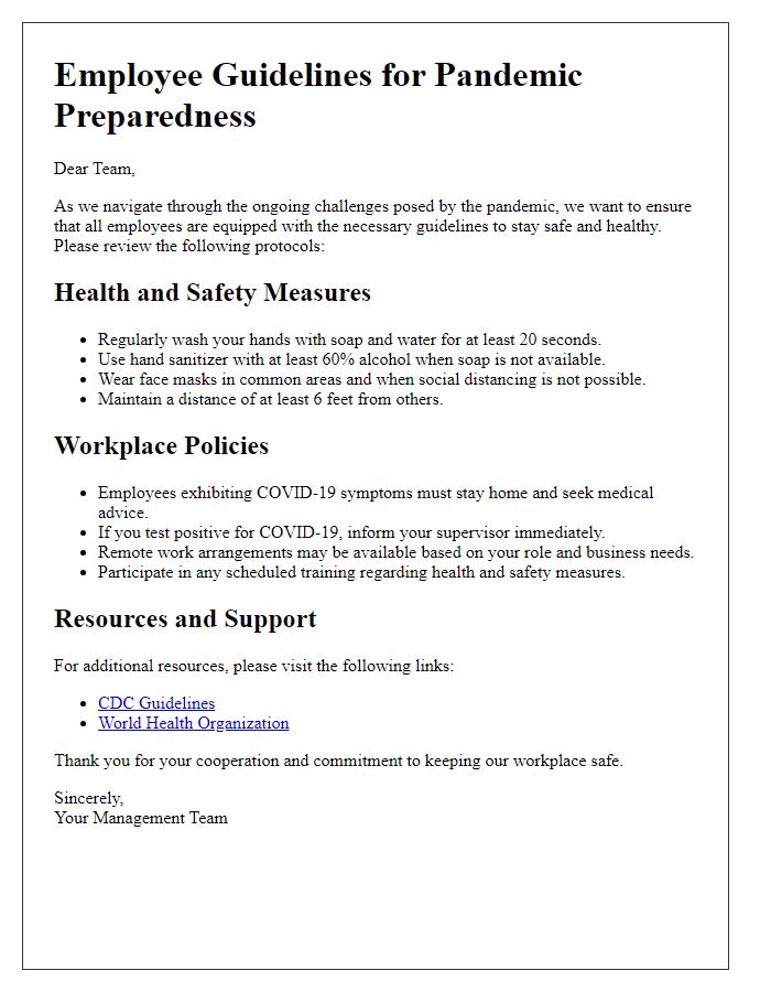 Letter template of employee guidelines for pandemic preparedness.