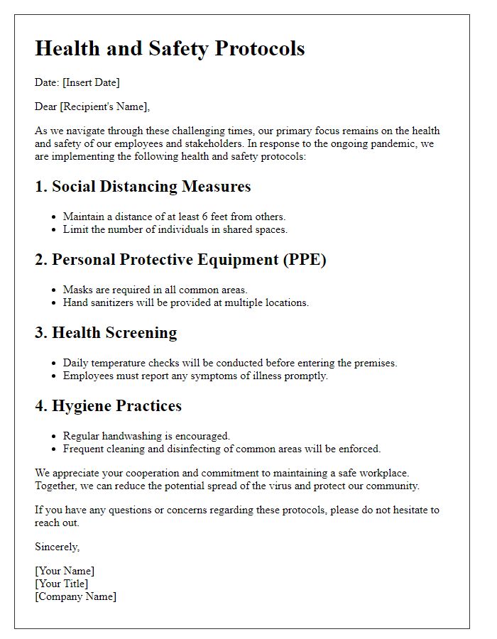 Letter template of health and safety protocols for pandemic response.