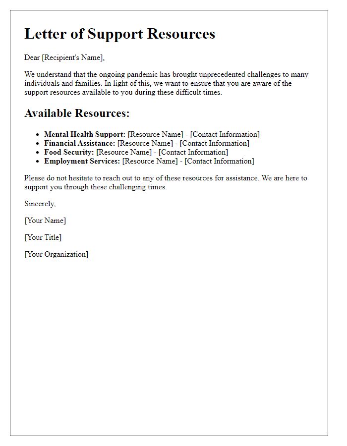 Letter template of support resources during pandemic challenges.