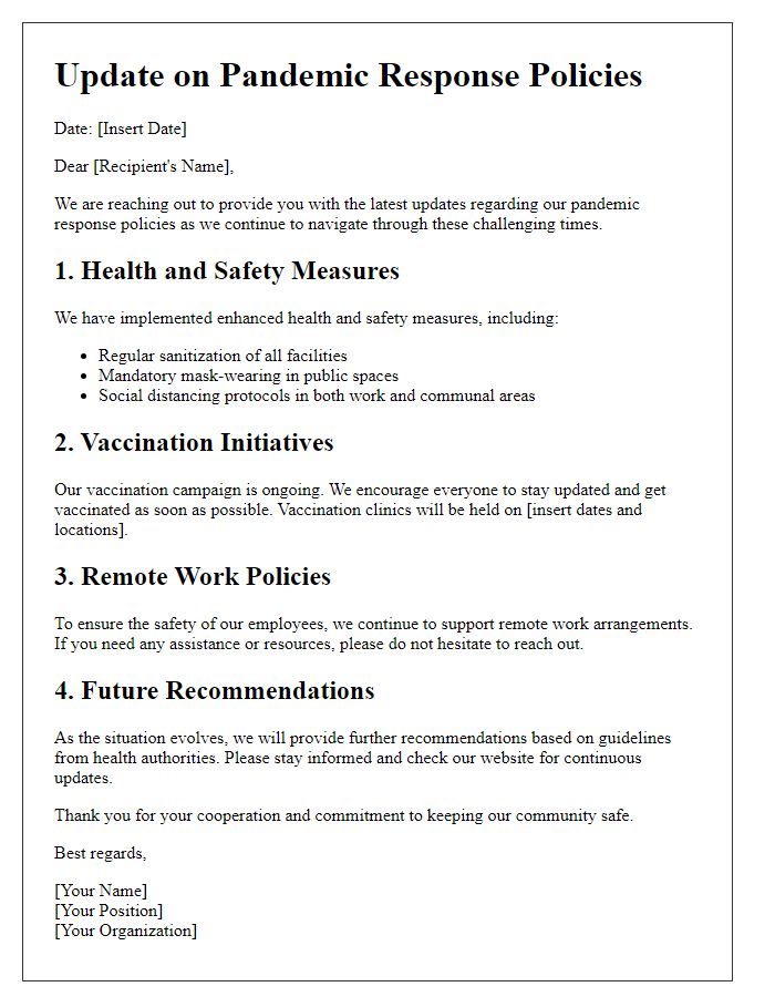 Letter template of updates on pandemic response policies.