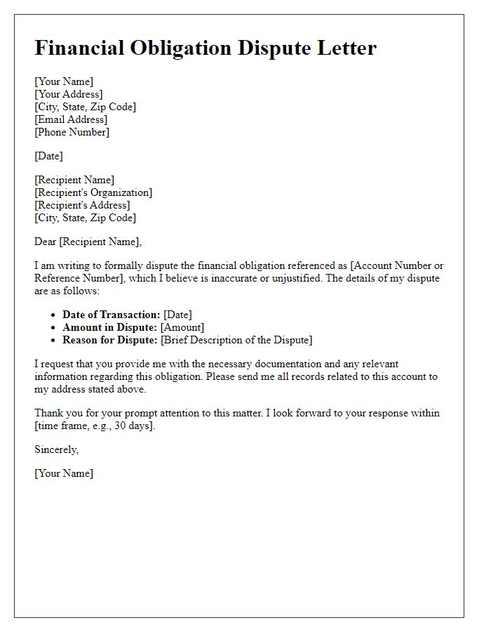 Letter template of financial obligation dispute