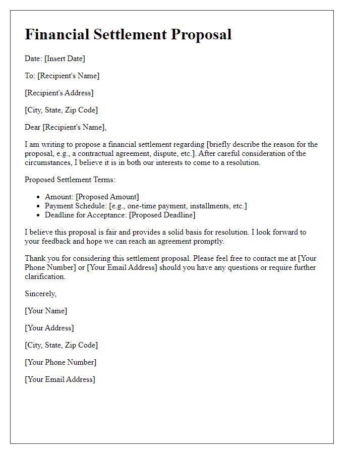 Letter template of financial settlement proposal