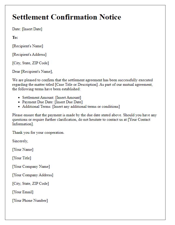 Letter template of settlement confirmation notice