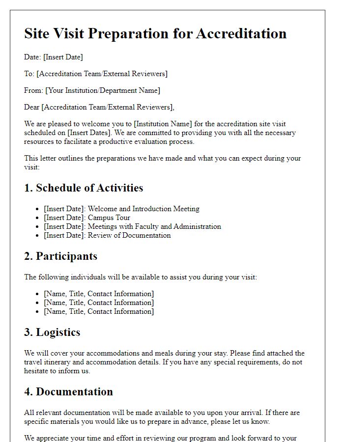 Letter template of educational accreditation site visit preparation