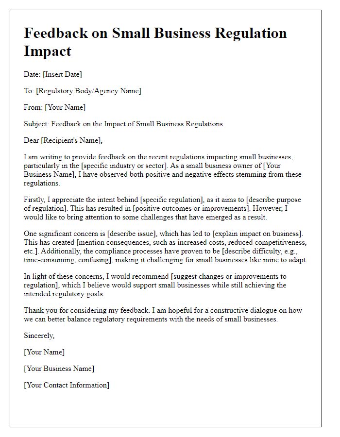 Letter template of feedback on small business regulation impact