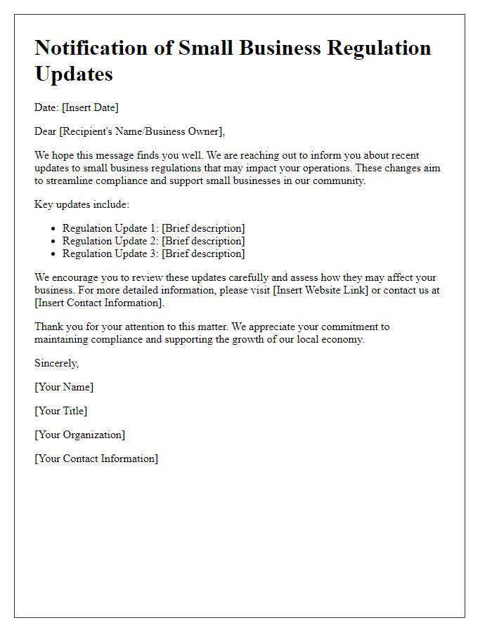 Letter template of notification about small business regulation updates