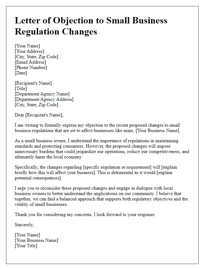 Letter template of objection to small business regulation changes