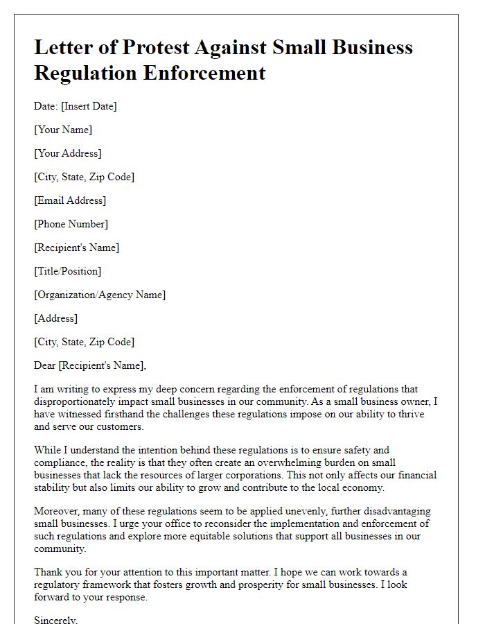 Letter template of protest against small business regulation enforcement