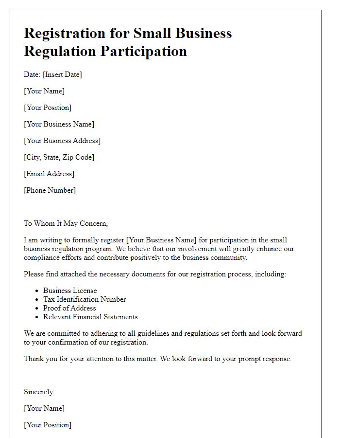 Letter template of registration for small business regulation participation