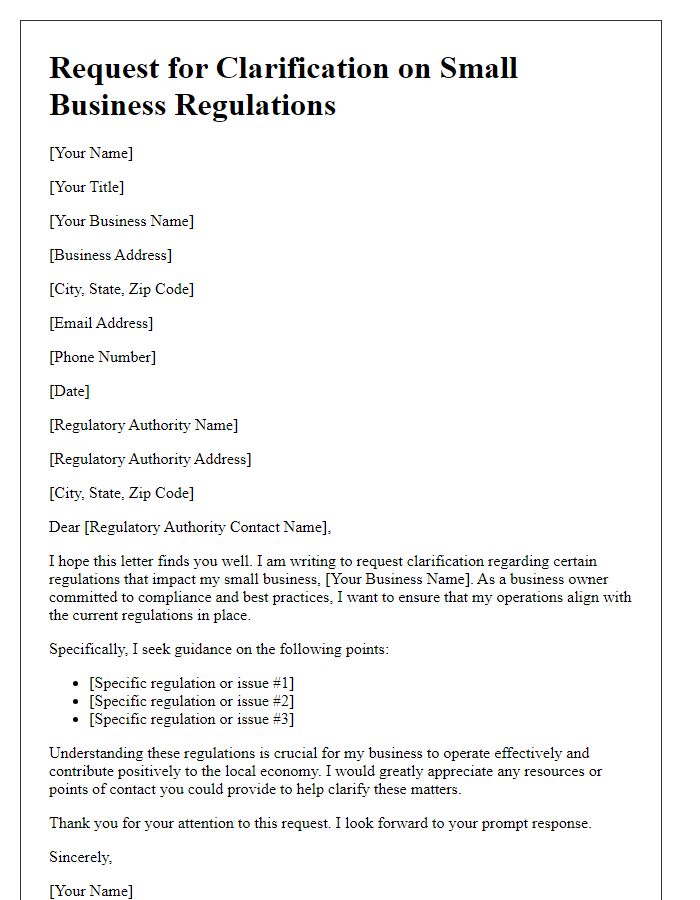 Letter template of request for small business regulation clarification