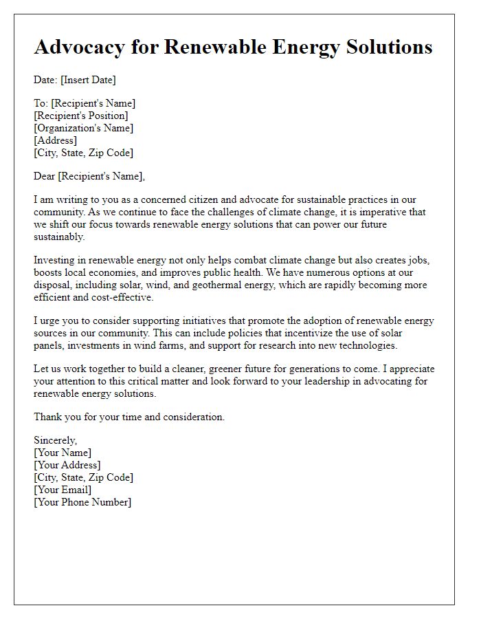 Letter template of advocacy for renewable energy solutions.