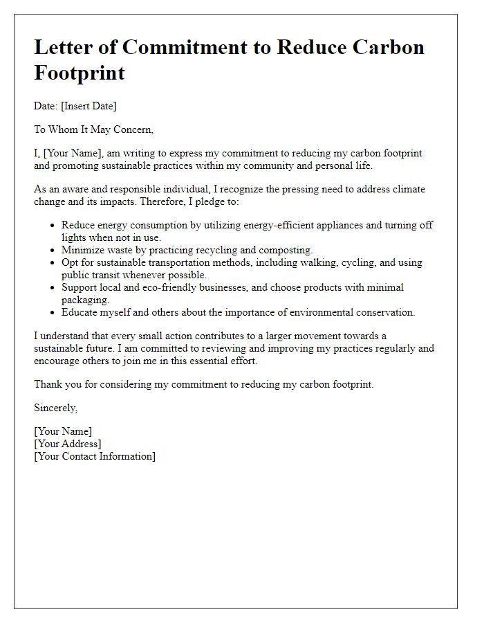 Letter template of commitment to reducing carbon footprint.