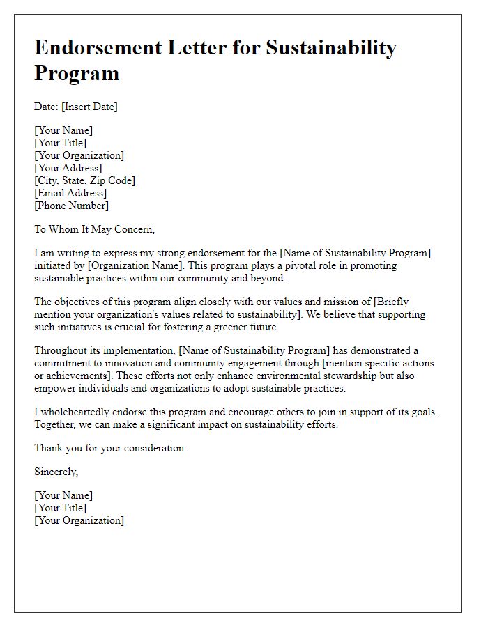 Letter template of endorsement for sustainability programs.