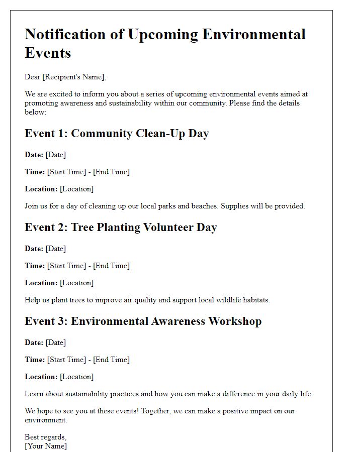 Letter template of notification for upcoming environmental events.