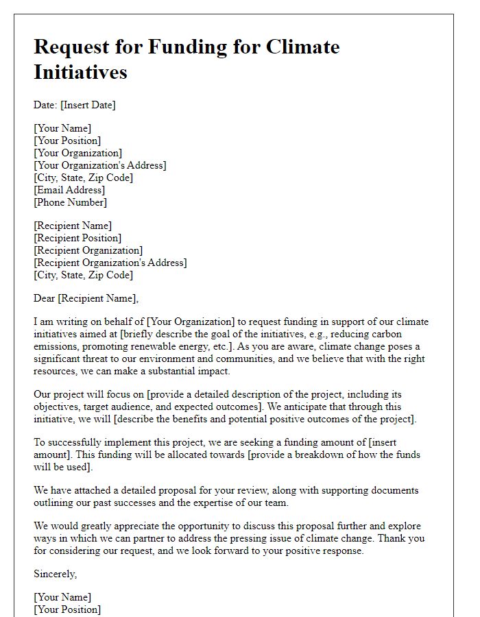 Letter template of request for funding for climate initiatives.