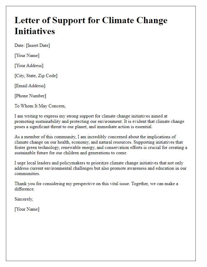 Letter template of support for climate change initiatives.