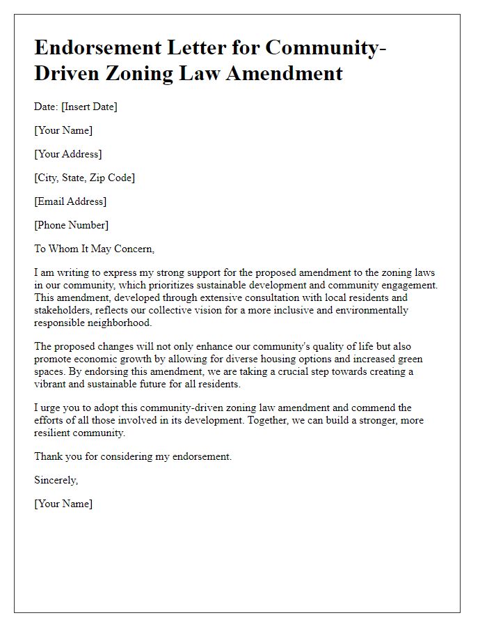 Letter template of endorsement for community-driven zoning law amendment.