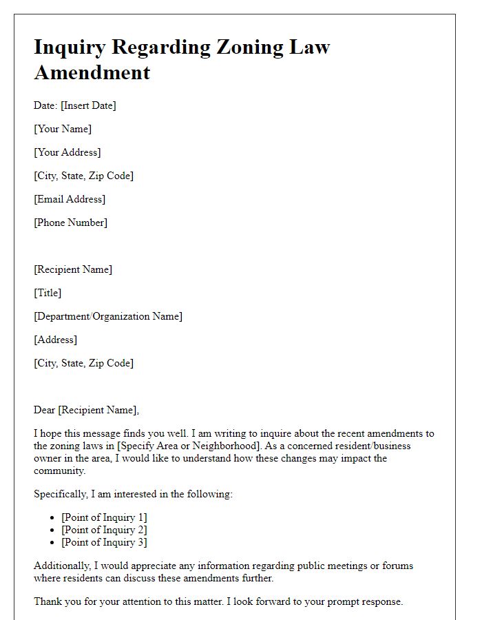 Letter template of inquiry regarding zoning law amendment.