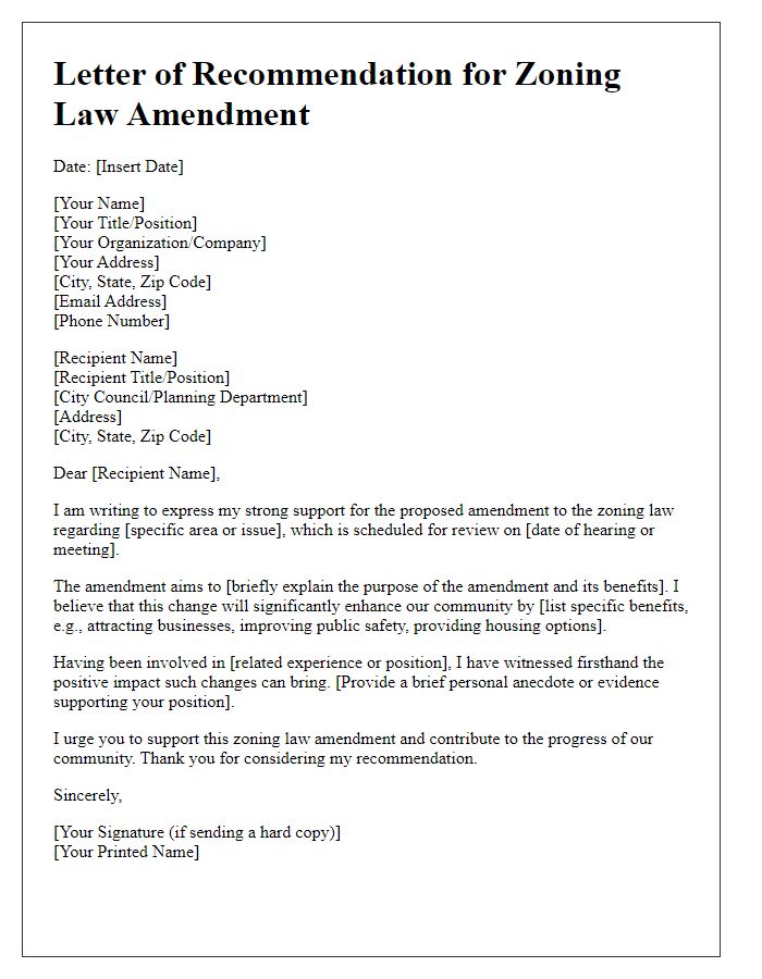 Letter template of recommendation for zoning law amendment.