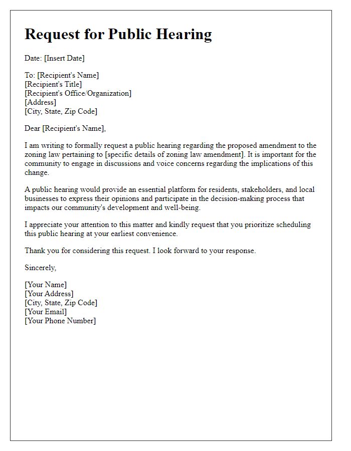 Letter template of request for public hearing on zoning law amendment.