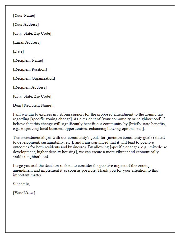 Letter template of support for zoning law amendment.