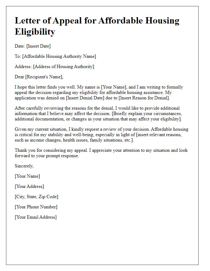 Letter template of appeal for affordable housing eligibility