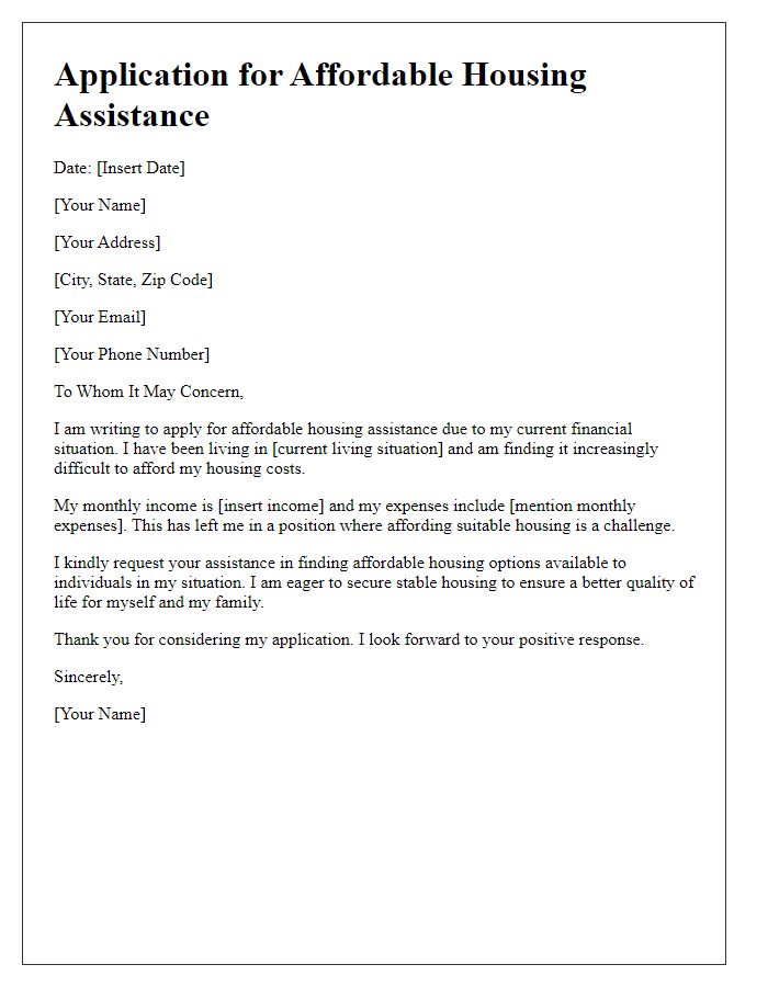 Letter template of application for affordable housing assistance