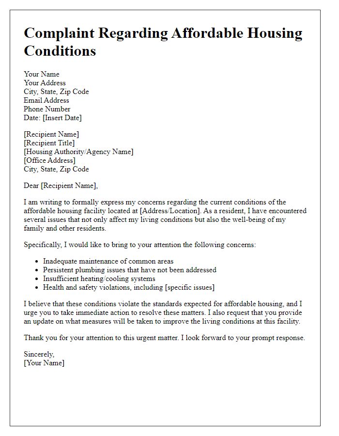 Letter template of complaint regarding affordable housing conditions