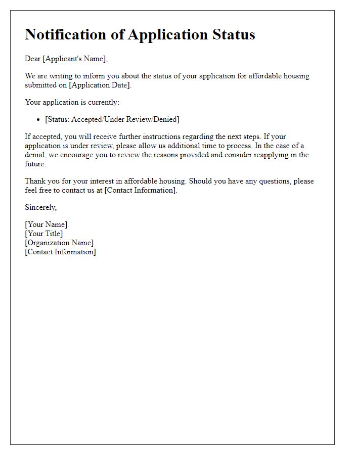 Letter template of notification for affordable housing application status