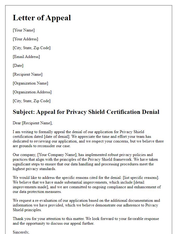 Letter template of appeal for Privacy Shield certification denial.